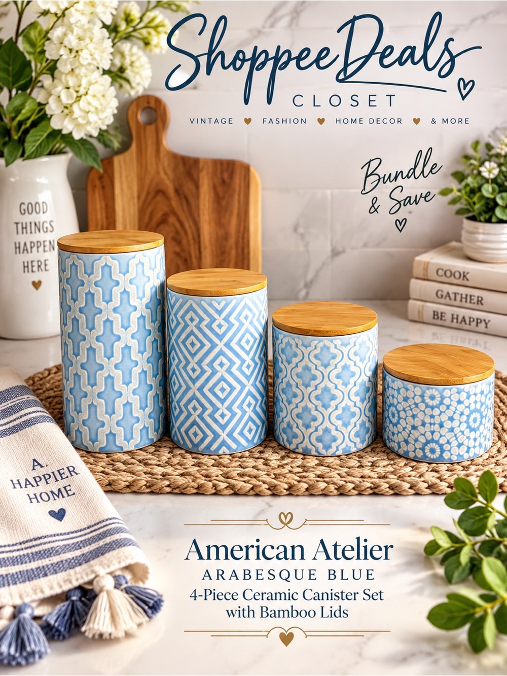 American Atelier Arabesque Blue 4-Piece Ceramic Canister Set w/ Bamboo Lids